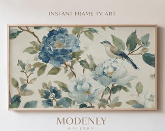 Frame TV Art Chinoiserie Blue Peony Vogel Gemälde, Samsung Frame TV Digitaler Download, Küsten Großmutter Wandkunst, Navy Botanical Decor