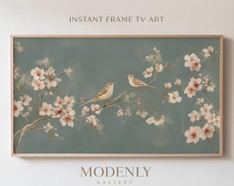 Frame TV Art Chinoiserie Vögel Kirschblüte Gemälde, Samsung Frame TV Digital Download, Salbei Grün Frühling botanische Cottagecore Dekor