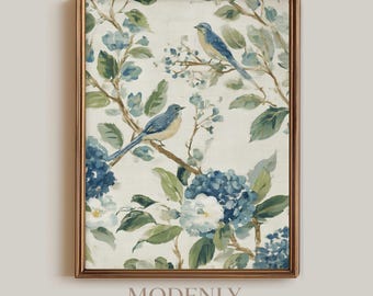 Blaue Chinoiserie Vögel Hortensie Blumendruck, französische Landschaft Dekor (digitaler Download)
