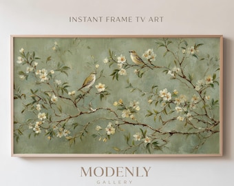 Rahmen TV Kunst Chinoiserie Vögel weiße Blüte Malerei, Samsung Frame TV Digital Download, Vintage Salbei grün botanische Bauernhausdekor