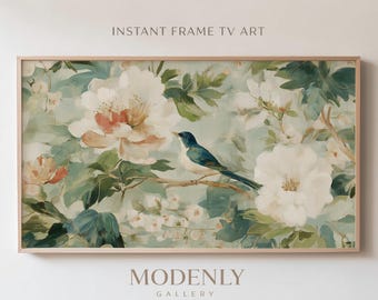Rahmen TV Kunst Chinoiserie Teal Vogel Pfingstrose Gemälde, Samsung Rahmen TV Digitaler Download, Sage Grün Botanische Wandkunst, Grandmillennial Dekor