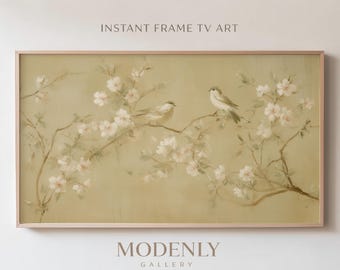 Chinoiserie Birds Blossom Art, Vintage Beige Rahmen TV Digital Download