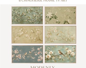 Frame TV Art Chinoiserie 6er-Set, Samsung Frame TV Digital Download, Salbeigrüner Vogel Botanisches Bundle, Vintage Grandmillennial Wandkunst