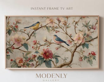 Frame TV Art Chinoiserie Frühling Vögel Gemälde, Samsung Frame TV Digital Download, Bluebird Blossom Wandkunst, Cottagecore Bauernhausdekor