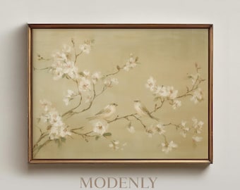Chinoiserie Vögel Druck, Vintage botanische Zweig Kunst, Beige Gold Dekor (digitaler Download)