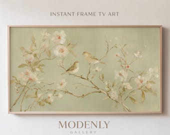 Salbei grüne Chinoiserie Vogel Kunst, Vintage Frühlingsblüte (digitaler Download)