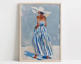 Küstenmode Kunstdruck – Frau im blau gestreiften Kleid (Instant Download)