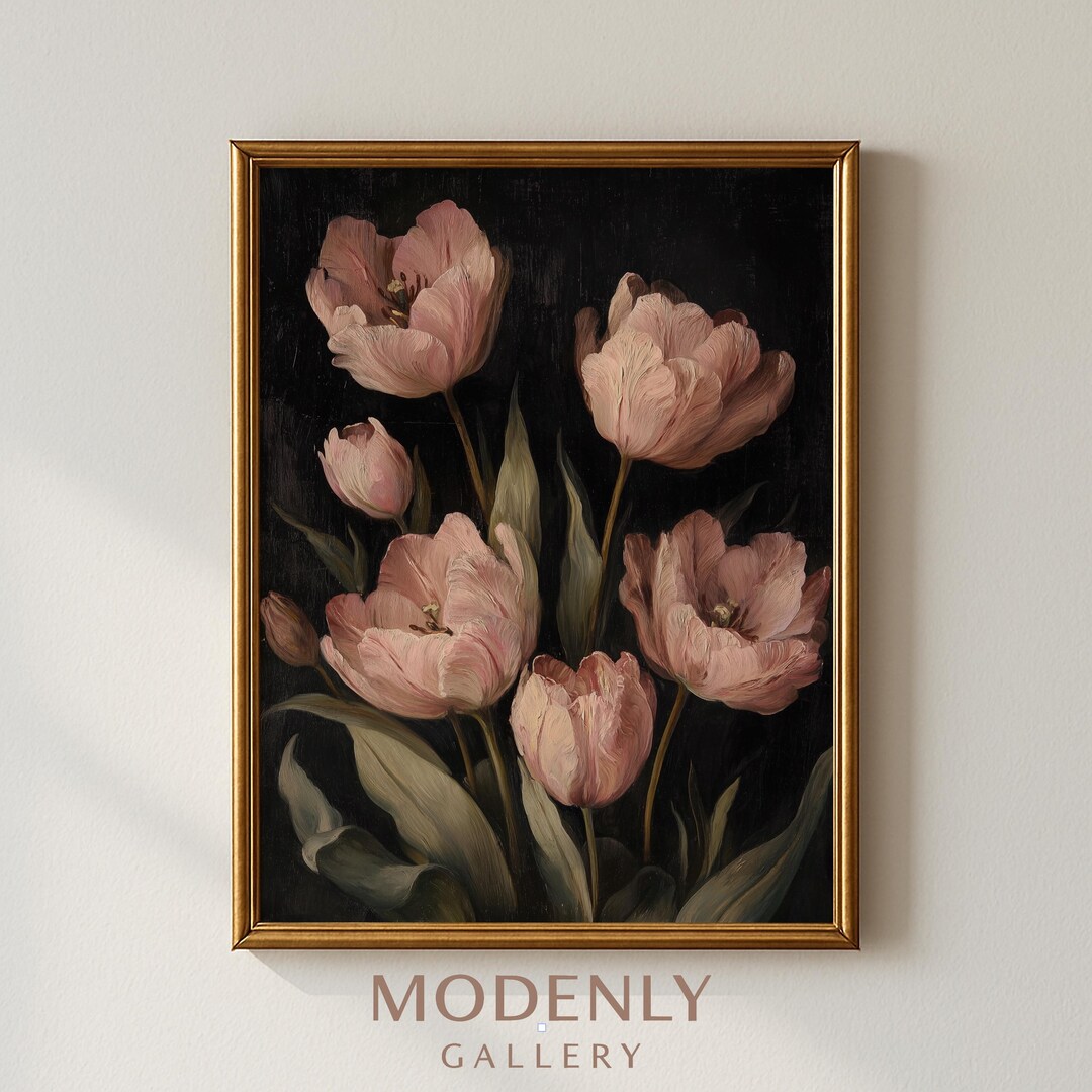 Moody Wall Art Antique Oil Painting Tulip Print Vintage Floral Decor ...
