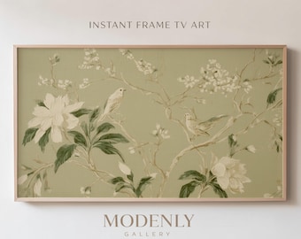 Chinoiserie Vogelbild - Salbeigrüner Rahmen TV Kunst | Vintage Blumen digitaler Download