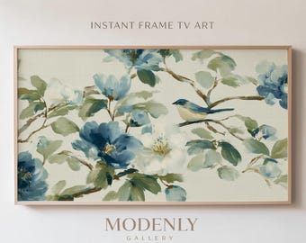 Blau Chinoiserie Vogel Kunst, Vintage botanische Blumenrahmen TV (digitaler Download)