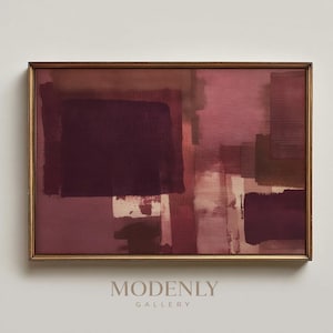 Puede incluir: Impresión artística abstracta en un marco dorado. La obra presenta formas rectangulares superpuestas en tonos burdeos, malva y crema. El logotipo de Modenly Gallery está en la parte inferior.
