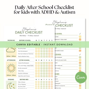 Può includere: Un elenco giornaliero stampabile per bambini con ADHD e autismo. L'elenco è progettato per le routine del mattino, del pomeriggio e della sera. Il testo include "Daily After School Checklist" e "Canva Editable - Instant Download."