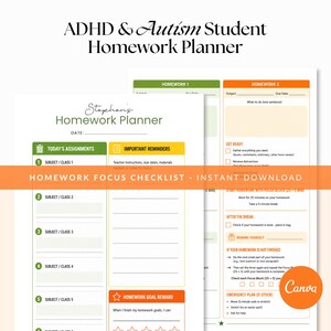 Puede incluir: Un documento de planificador de tareas titulado ADHD & Autism Student Homework Planner, que incluye secciones para asignaciones, recordatorios y una lista de verificación. El diseño presenta encabezados verdes y naranjas, casillas y líneas.