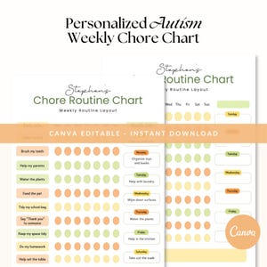 May include: A personalized autism weekly chore chart with the text "Stephen's Chore Routine Chart" and "Weekly Routine Layout". The chart includes daily and weekly tasks with space for tracking. The design is in shades of green, orange, and yellow.