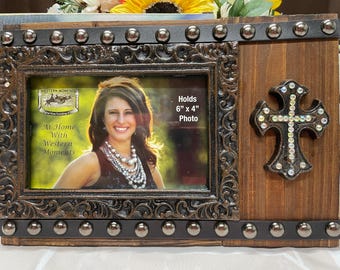 Rustic Country Western Photo Picture Cross Frame With Sparkly Bling Crystal Accents