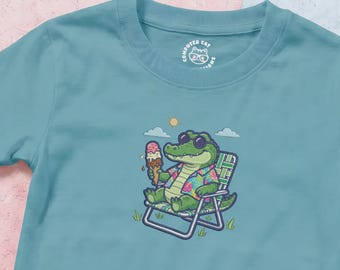 Crocodile on Holiday T-Shirt | Cottage Core Vacation Mode Graphic Tee | Funny Summer Animal Graphic  | Unisex Organic Cotton