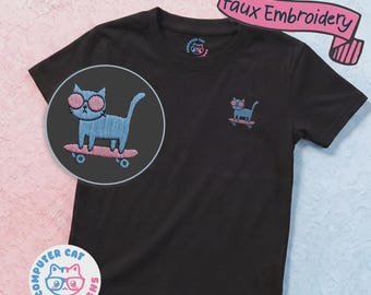 Skater Cat T-Shirt | Funny Animal Graphic Tee | Cozy Skateboard Streetwear | Fake Embroidery Style