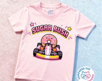 Kawaii Donut Racing Kart T-Shirt UNISEX | Retro Pixel Art Foodie Racer Tee | Vintage Old Skool Arcade Gaming Go-Kart Graphic
