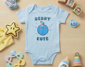 Organic Cotton Blueberry Romper | Kawaii Pixel Art Baby Onesie (Shipped from EU)