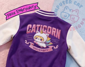 Kawaii Caticorn Varsity Letterman Jacket UNISEX | Faux Embroidery | Chibi Gamer Girl Apparel