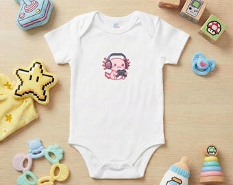 Retro Gaming Axolotl Baby Romper | Organic Gamer Baby Gift | Kawaii Pixel Art Onesie