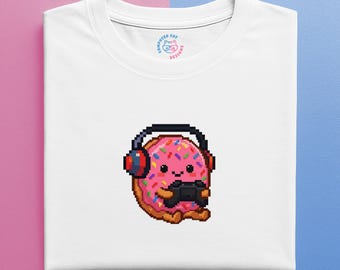 Pixel Art Donut Gamer T-Shirt | Retro Gaming Cafe Collection | Kawaii Comfort Food Tee | Premium Organic Cotton | Ships from EU