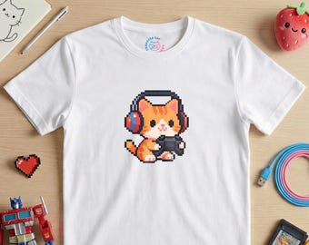 Retro Gaming Cat Pixel Art Shirt | Kawaii 80s 90s Nostalgic Gamer Tee