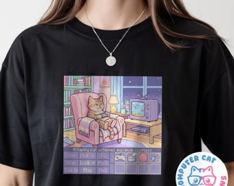 Gamer Cat Unisex Shirt | Retro Cozy Gaming | Point and Click Adventure | Pixel Art Verb Coin | Nostalgic Nerd Apparel