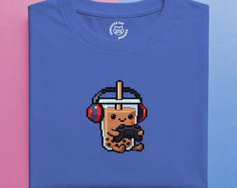 Pixel Art Retro Gaming Boba T-Shirt | Cozy Gaming Apparel | Kawaii Bubble Tea Tee | Gaming Cafe Collection | Kawaii Gamer Clothing |