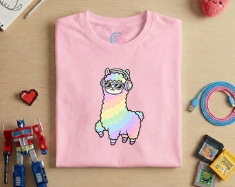 Pastel Rainbow Party Alpaca Shirt | Kawaii Lama Dancing Tee | Adorable animals t-shirt | Girl's Shirt | Gamer Gift