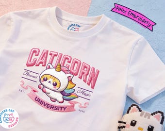 Kawaii Caticorn Varsity T-shirt UNISEX | Faux Embroidery | Chibi Gamer Girl Apparel | Anime apparel | Cottagcore Coquette Whimsical Shirt