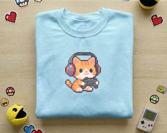 Retro Gaming Cat Pixel Art Sweater | 80s 90s Nostalgic Unisex Pullover| old school gamer nerd gift