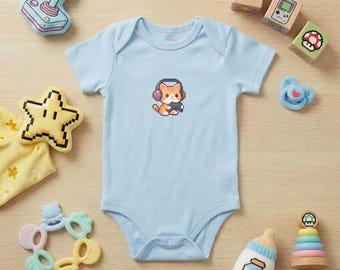 Retro Gaming Cat Baby Romper | Organic Cotton Onesie, Pixel Art Gift (Ships from Netherlands)