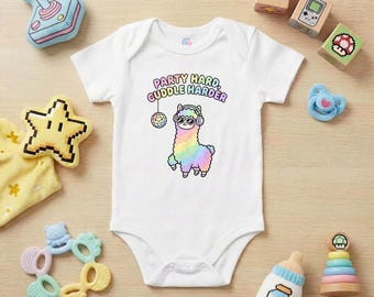 Rainbow Alpaca Baby Romper | Party Hard Cuddle Harder Llama Shirt |  Kawaii Disco Llama Kids Tee