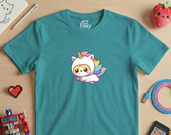 Unisex Caticorn T-Shirt | Kawaii Cat Unicorn Rainbow Chibi Graphic Tee