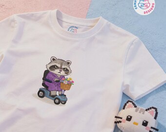 Grumpy Raccoon on Mobility Scooter T-Shirt | Funny Anti-Social Sarcastic Tee | Unique Gift for Forest Animal Lovers | Unisex Embroidery |
