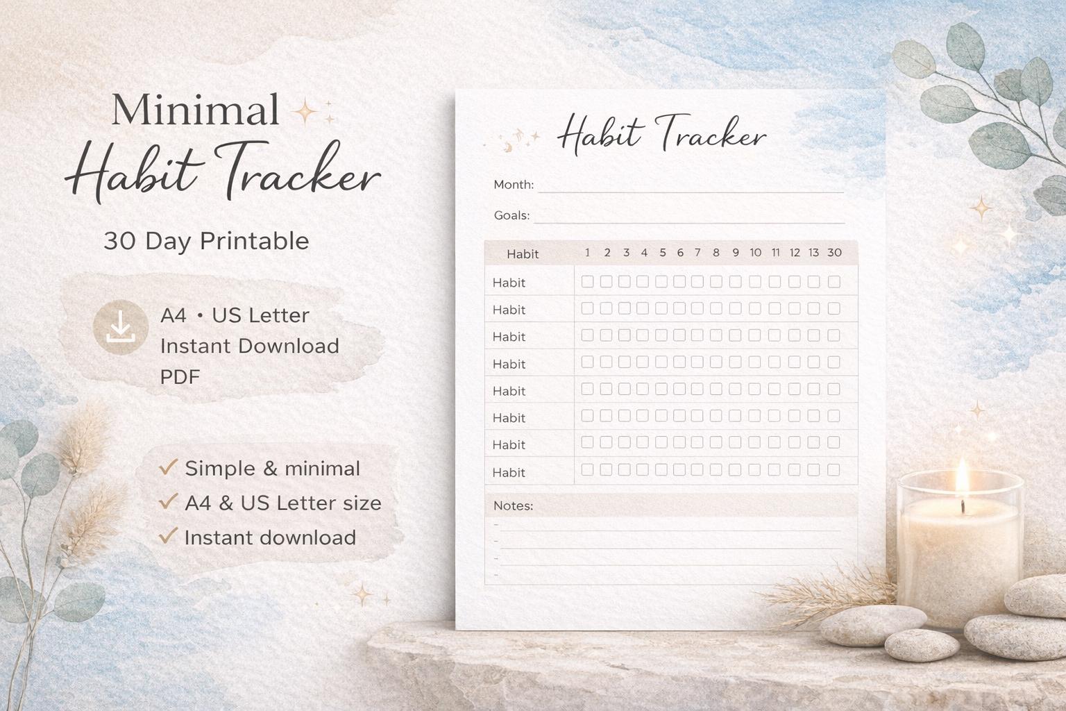 Habit Tracker Printable PDF | 30 Day Habit Tracker | Minimal Habit ...