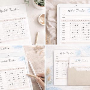 Puede incluir: Una colección de rastreadores de hábitos, tanto digitales como impresos. Los rastreadores presentan un diseño minimalista con espacio para objetivos y seguimiento diario de hábitos. El texto "Habit Tracker" se muestra en la parte superior. La paleta de colores es neutra, con tonos beige y blanco suaves.