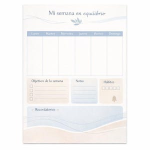 Puede incluir: Un bloc de notas planificador semanal con un diseño azul claro y beige. El bloc de notas incluye secciones para cada día de la semana, objetivos, notas y hábitos. El texto "Mi semana en equilibrio" está en la parte superior.