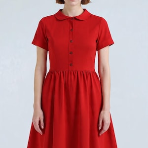 Vintage Linen Midi Dress – Peter Pan Collar Shirt Dress, Elegant Summer Dress with Short Sleeves