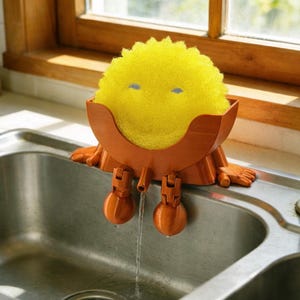 May include: An orange sponge holder with a yellow sponge, designed to look like a smiling face. The holder has legs and feet, and water streams from two spouts. The sponge has blue eyes. The holder is placed over a stainless steel sink.