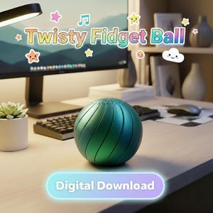 May include: A green and blue twisty fidget ball sits on a desk. The ball has a spiral design. The text "Twisty Fidget Ball" is on the computer screen. The words "Digital Download" are at the bottom of the image.