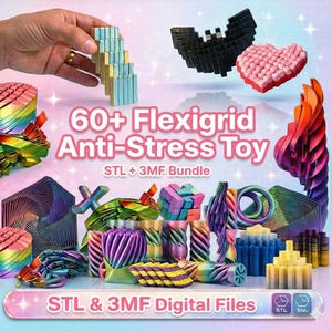 Könnte beinhalten: Eine Sammlung farbenfroher, 3D-gedruckter Flexigrid Anti-Stress-Spielzeuge in verschiedenen Formen, darunter eine Fledermaus, ein Herz und geometrische Formen. Der Text "60+ Flexigrid Anti-Stress Toy STL + 3MF Bundle" und "STL & 3MF Digital Files" ist enthalten.