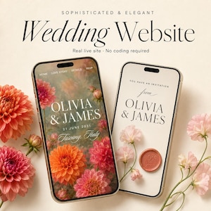 Puede incluir: Dos teléfonos inteligentes que muestran una plantilla de sitio web de bodas. La pantalla izquierda muestra un fondo floral con el texto Olivia & James, 21 June 2031, Tuscany, Italy. La pantalla derecha muestra un fondo crema con el texto You Have An Invitation from Olivia & James y un sello de cera.