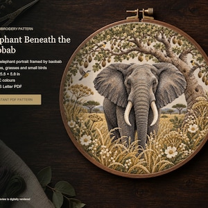 Elephant Embroidery Pattern, Baobab Savanna Portrait PDF