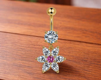 ゴールドフラワーベリーリングダングルCZクリスタルへそピアスジュエリーかわいい花柄へそピアスギフト