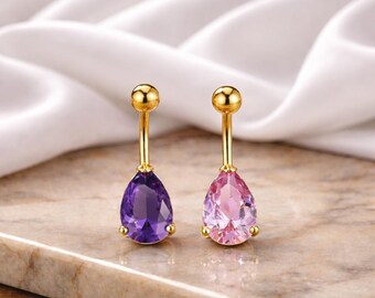 Anneau de nombril en forme de goutte d'or, anneau de nombril en cristal violet et rose, cadeau de bijoux de piercing au ventre pour femme