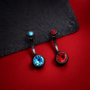 Conjunto de piercing de umbigo com cristal preto, joias para piercing de umbigo com gemas vermelhas e azuis, barra gótica