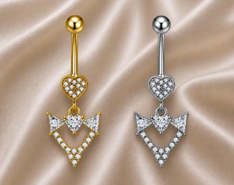 Piercing de ombligo con colgante de corazón, joyería para piercing de ombligo en oro y plata, joyería corporal con cristales de circonita cúbica.