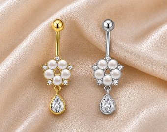 Gold Silver Pearl Flower Belly Ring Dangle CZ Teardrop Navel Piercing Cute Floral Body Jewelry